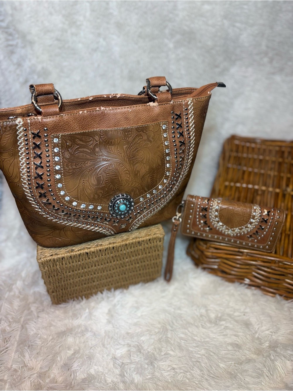 Montana West Western Floral Tooled Purse and Wallet Set